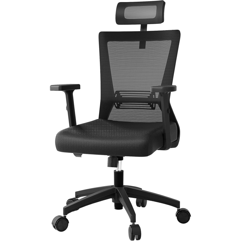 OUSFOT Ergonomic Office Chair, with Adjustable Height and Headrest, Height Adjustable Armrests, Lumbar Support, Breathable Mesh Backrest, 360° Swivel, Black